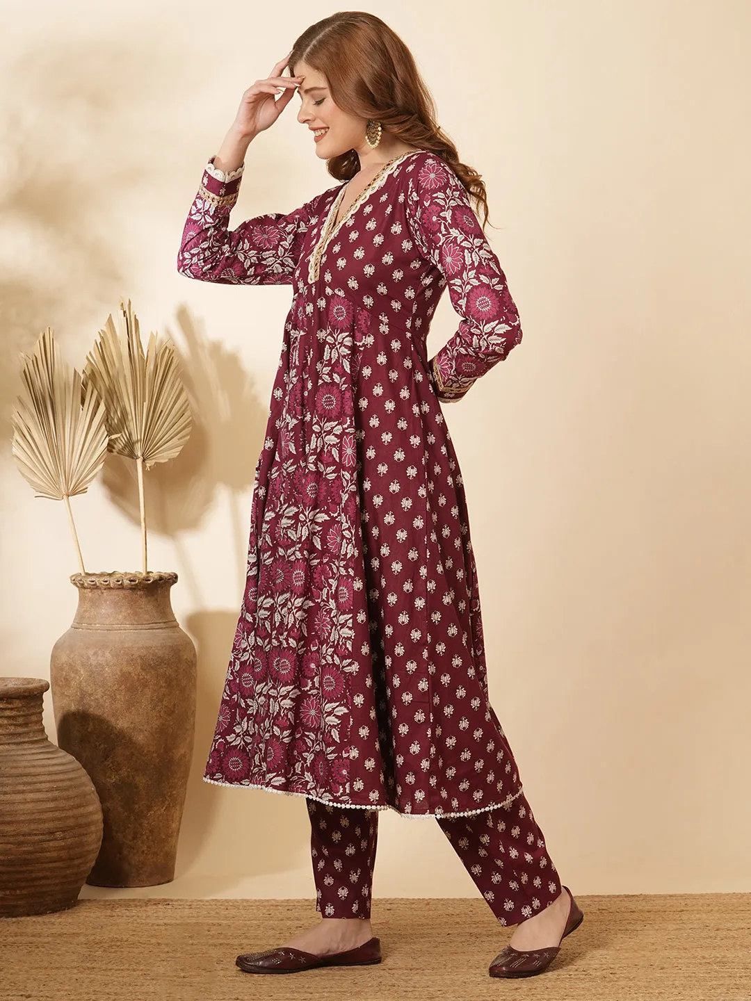 Ethnic Floral Printed & Embroidered Anarkali Flared Kurta with Pant - Burgundy