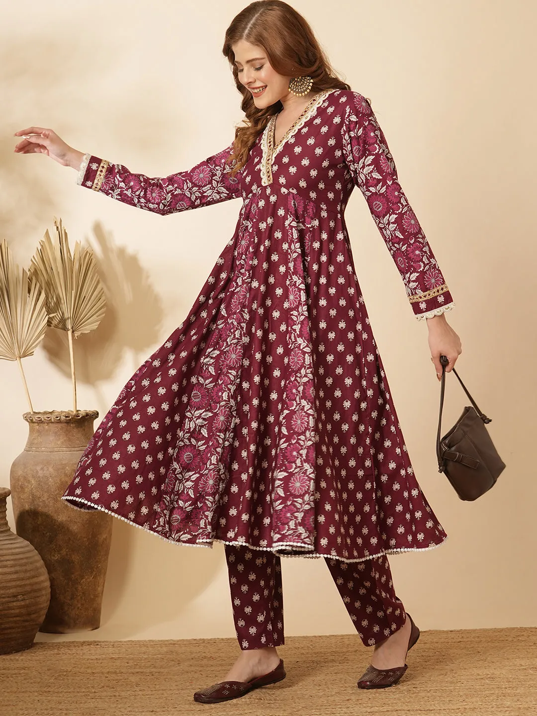 Ethnic Floral Printed & Embroidered Anarkali Flared Kurta with Pant - Burgundy