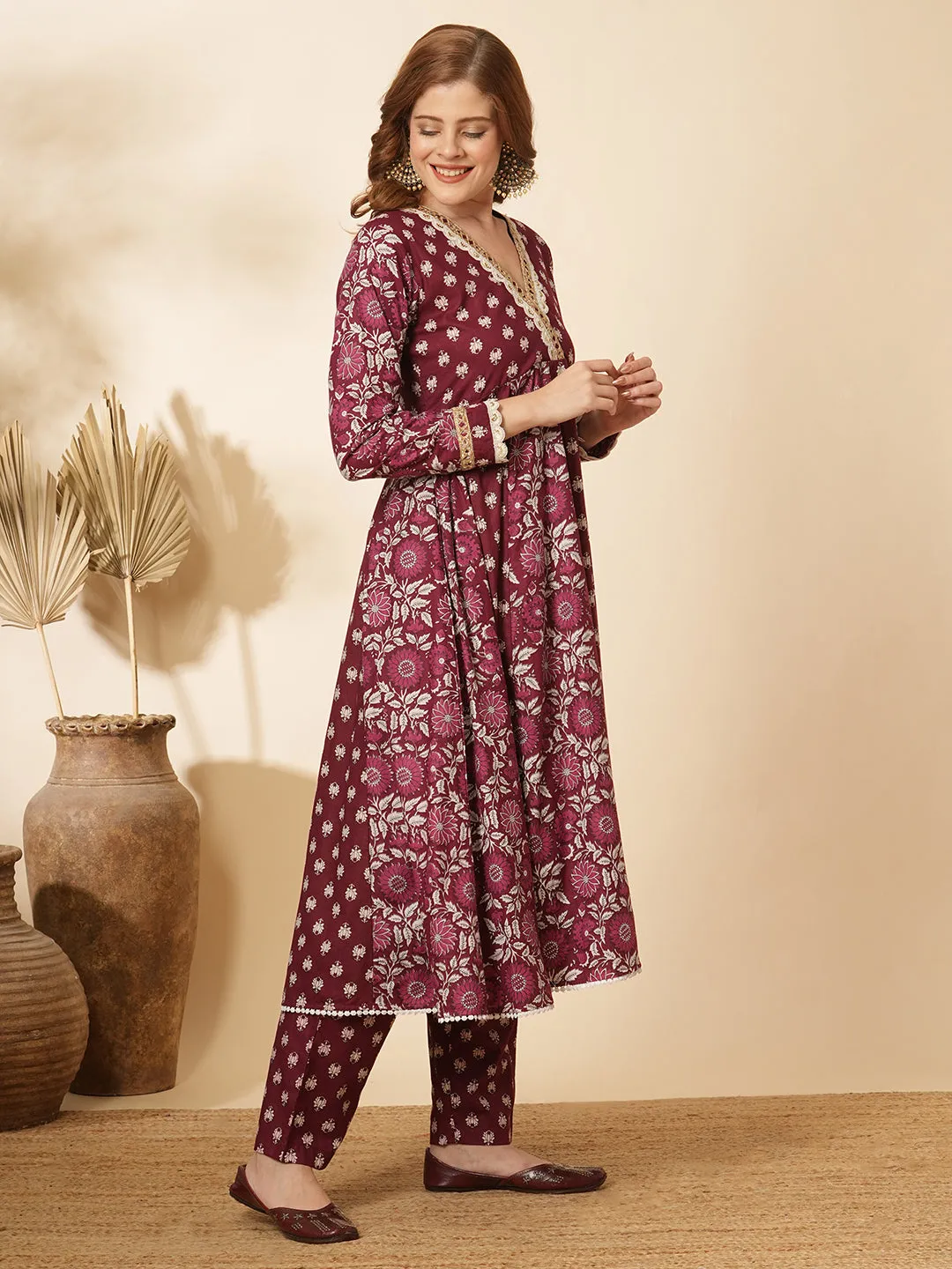 Ethnic Floral Printed & Embroidered Anarkali Flared Kurta with Pant - Burgundy