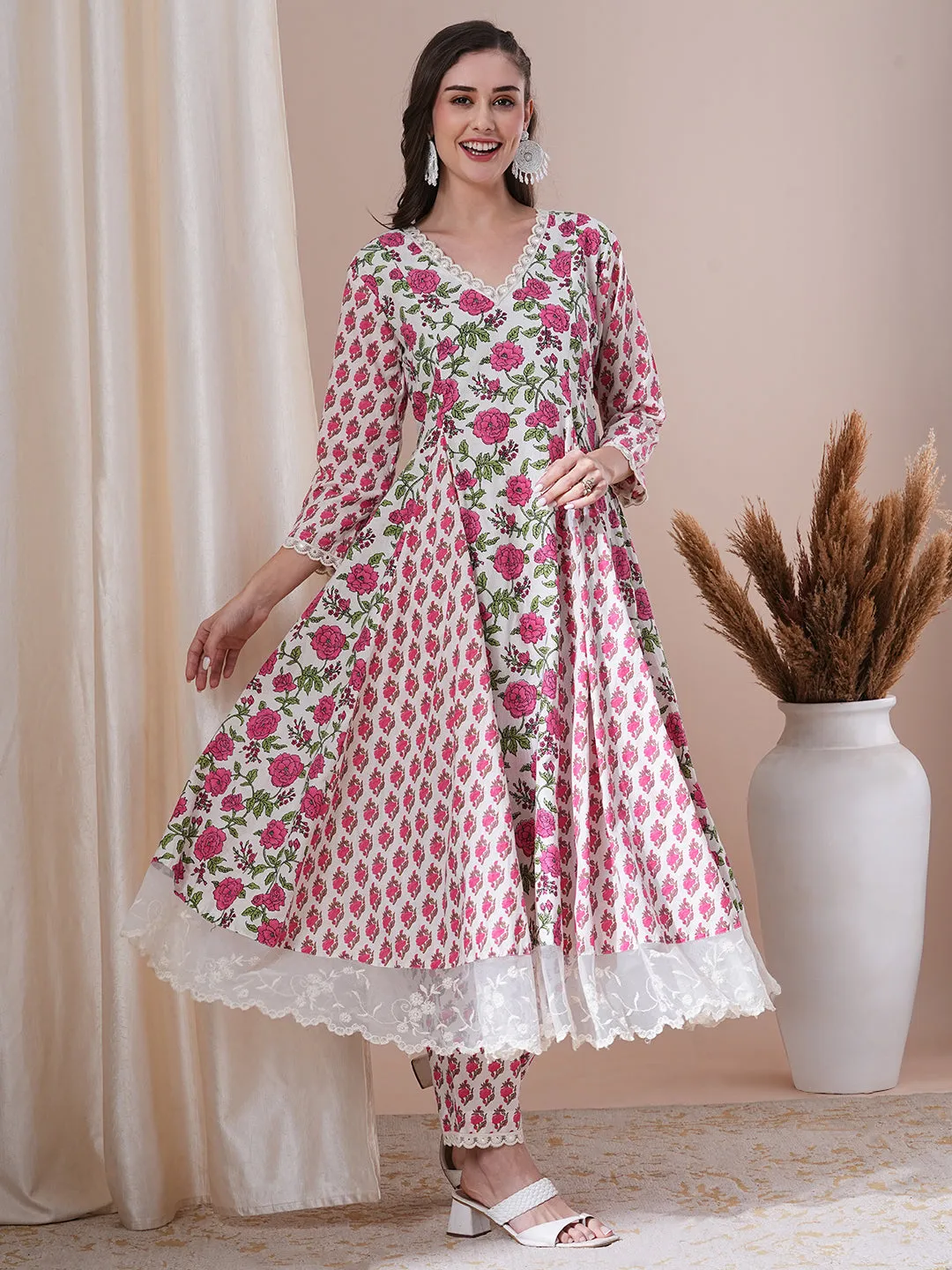 Ethnic Floral Printed Flared Anarkali Kurta with Pant - White