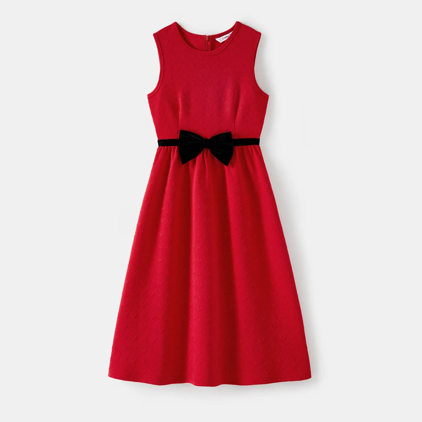 Family Matching Bow Front Red Heart Textured Tank Dresses and Long-sleeve Corduroy Shirts Sets