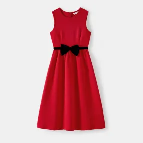 Family Matching Bow Front Red Heart Textured Tank Dresses and Long-sleeve Corduroy Shirts Sets