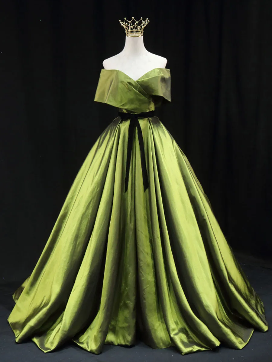 Green A line Satin Long Prom Dress, Green Satin Formal Evening Dresses