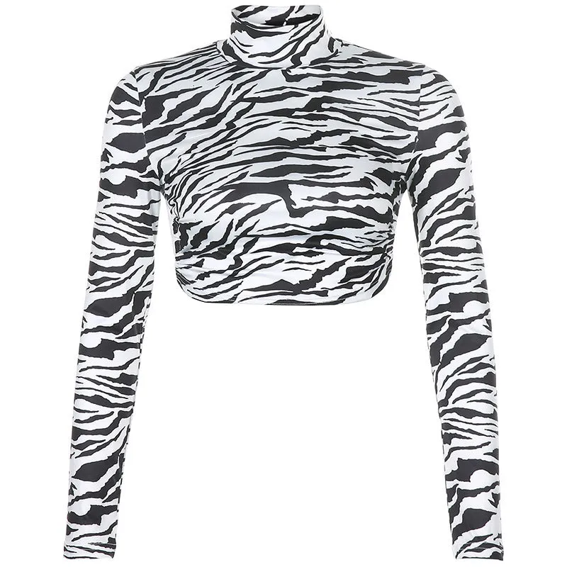 HEYounGIRL Animal Zebra Print Backless Cropped Tshirt Women Sexy Long Sleeve T-shirt Ladies Fashion Crop Tops Tees Streetwear