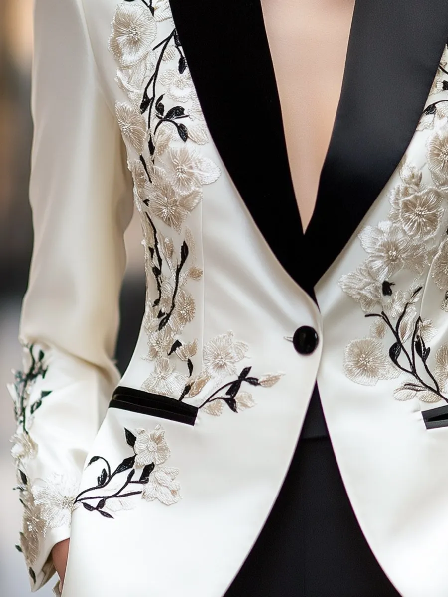 Ivory Satin Embroidered Blazer