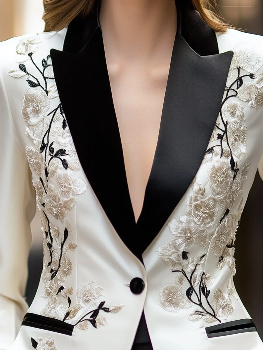 Ivory Satin Embroidered Blazer