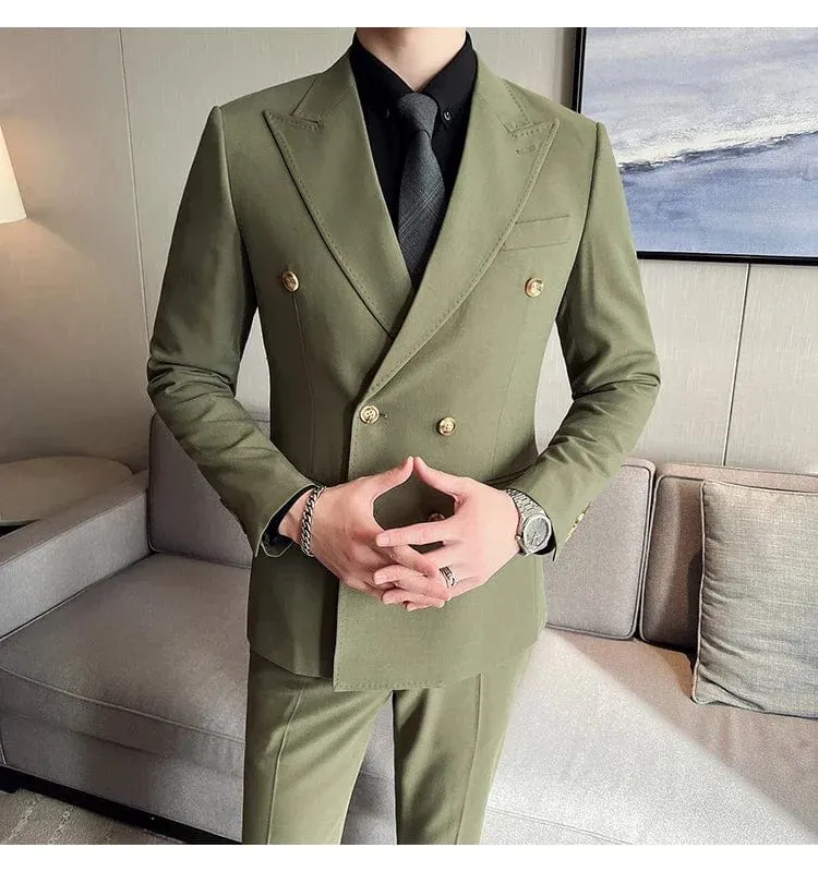 (Jacket, Vest & Pants) Premium Men's Double-Breasted Three-Piece Suit: Blazer, Vest, and Trousers - Elegant Fashion, Business Casual, Formal Attire