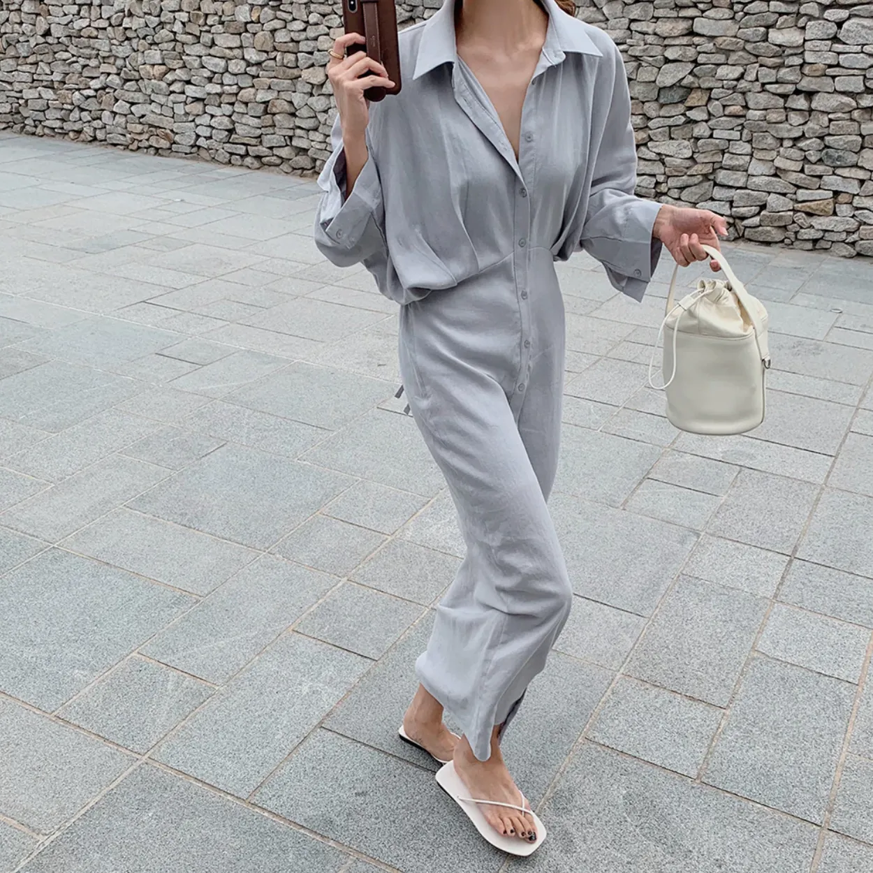 [Korean Style] Ballan Minimal Drawstring Shirt Dress