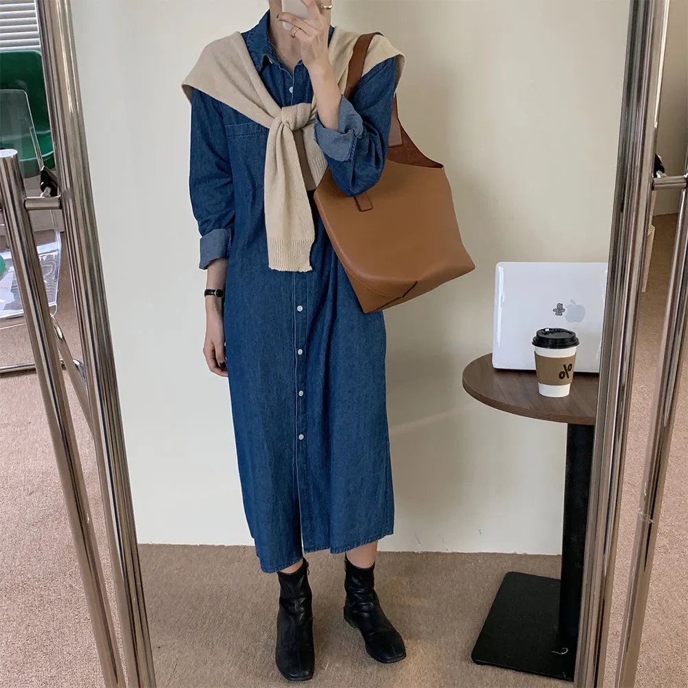 [Korean Style] Kattie Minimal Denim Midi Shirt Dress w/ Beige Knit Shawl