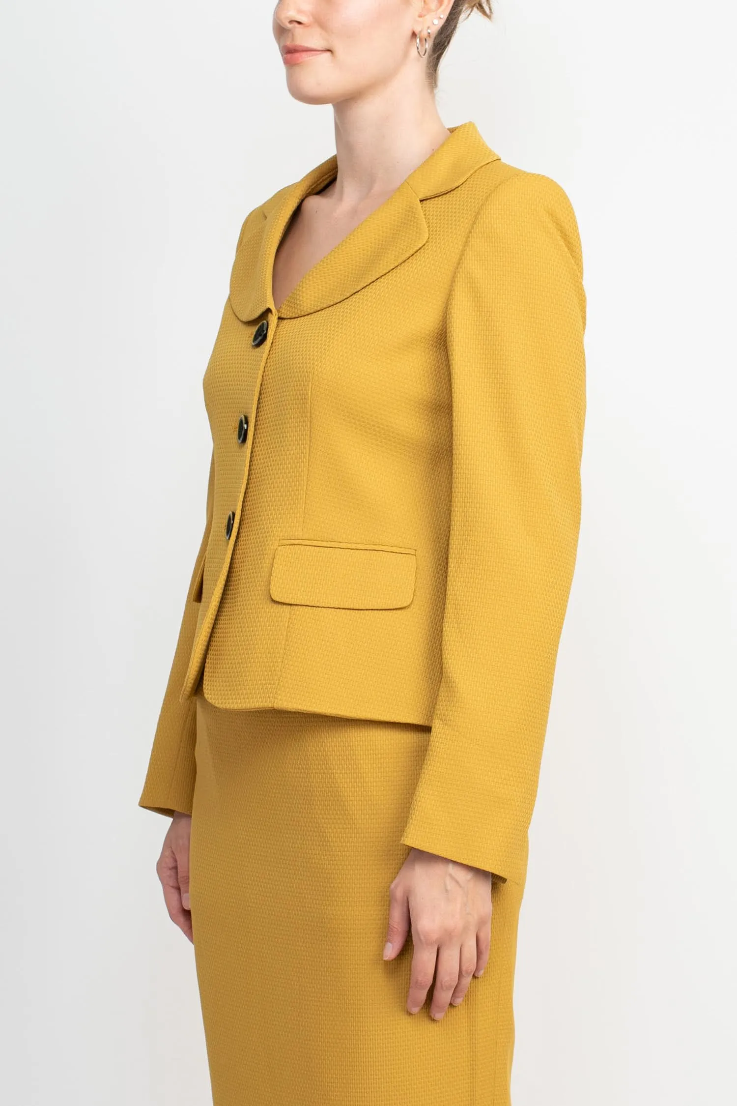 Le Suit Notched Collar 3 Button Flap Pocket Square Texture Jacket with Zipper Back Skimmer Skirt  (Two Piece)