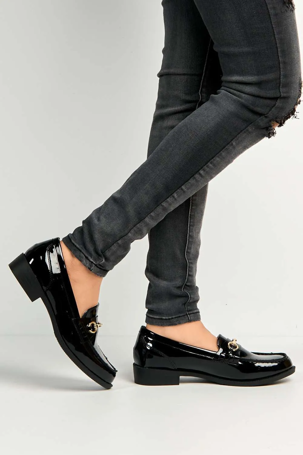 Leefia Horsebit Detail Loafers in Black Patent