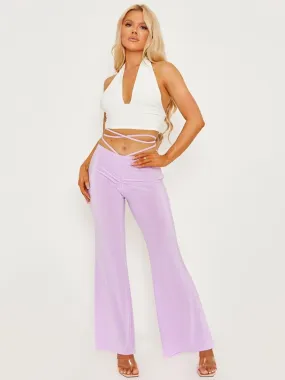 Lilac Slinky Ruched Tie Waist Wide Leg Flare Trousers