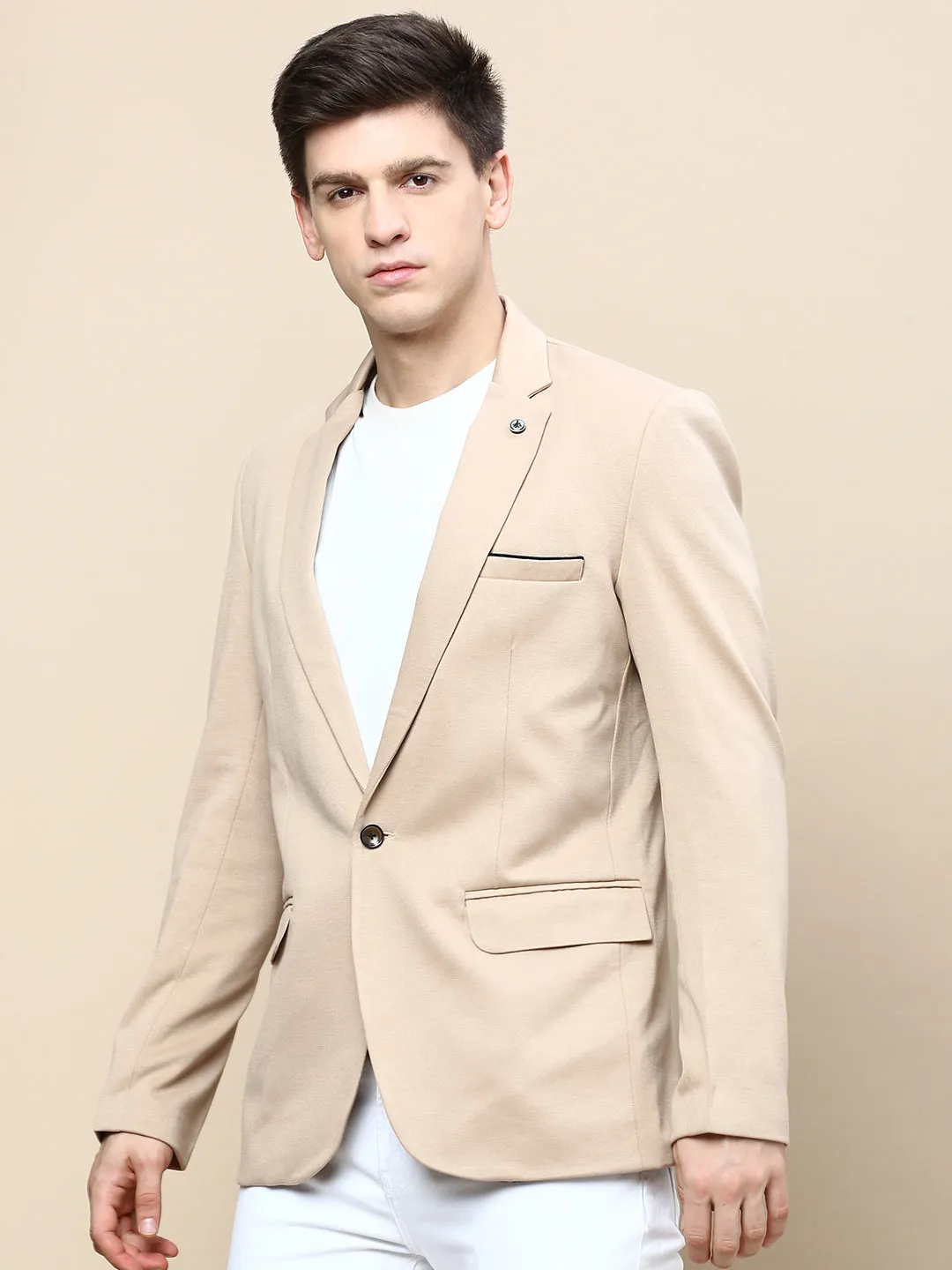 Men Beige Solid Casual Blazers