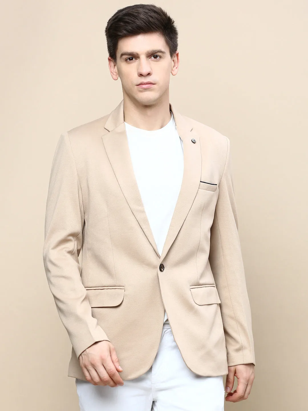 Men Beige Solid Casual Blazers