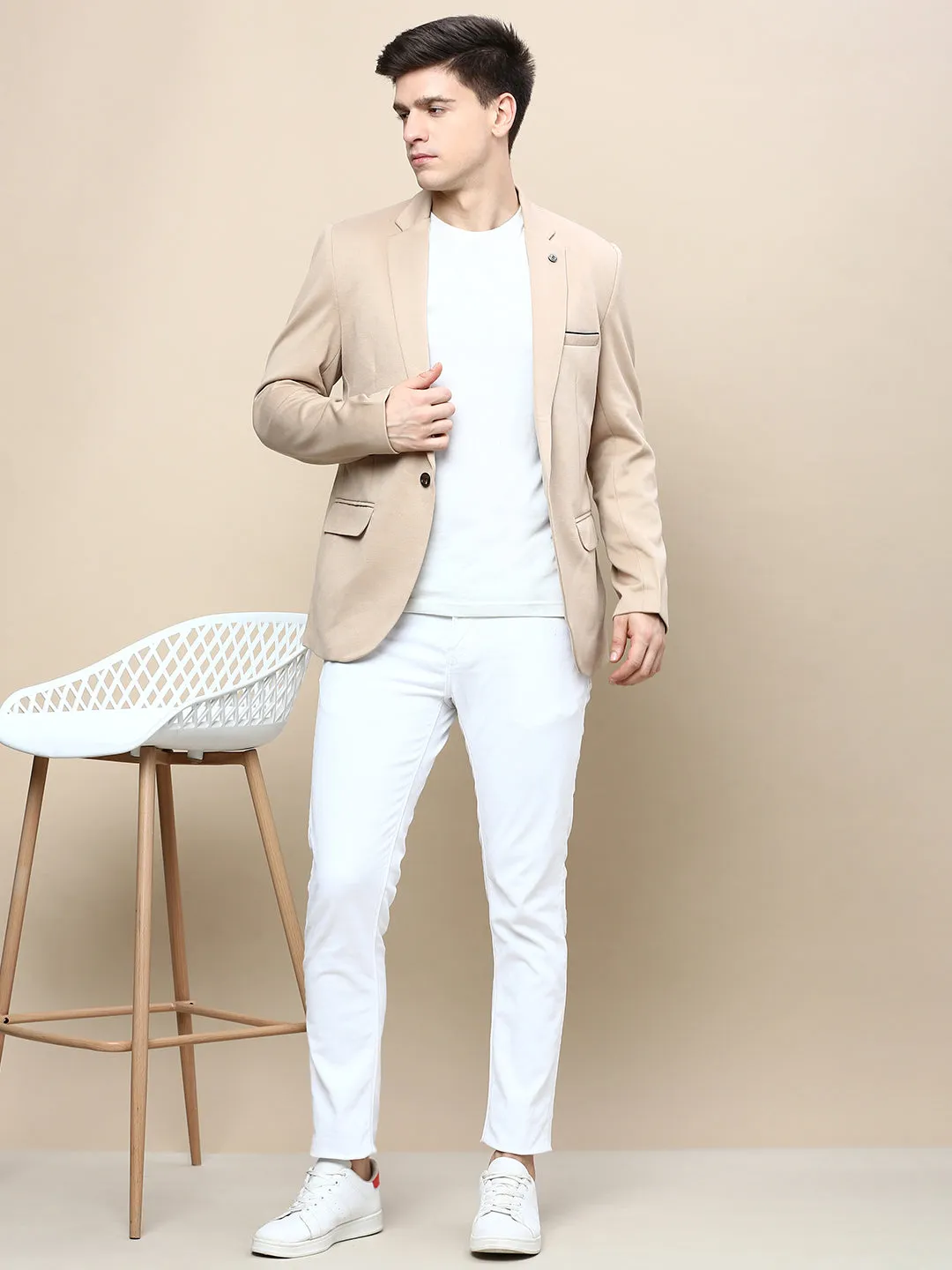 Men Beige Solid Casual Blazers