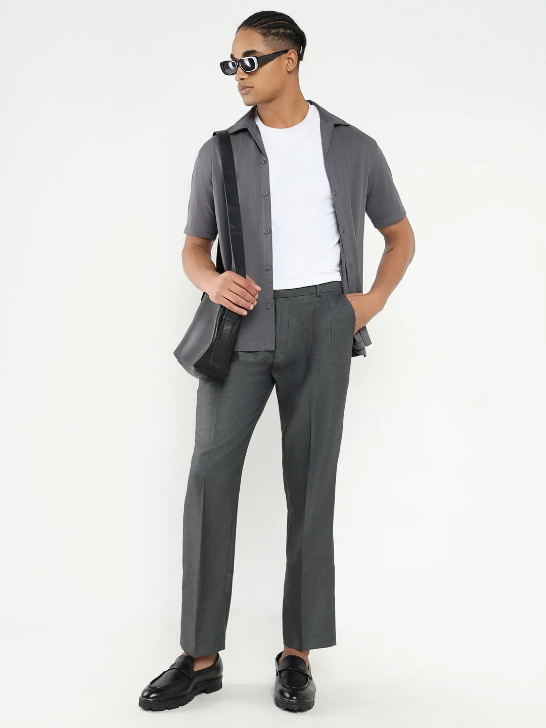 Men Grey Solid Formal Trousers