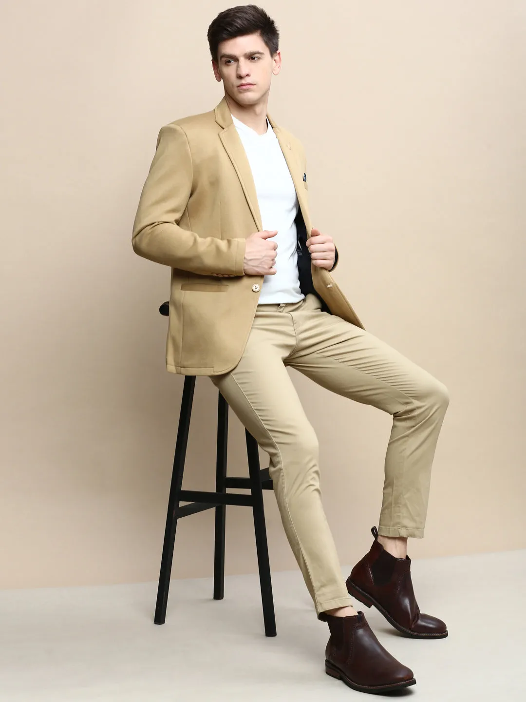 Men Khaki Solid Casual Blazers