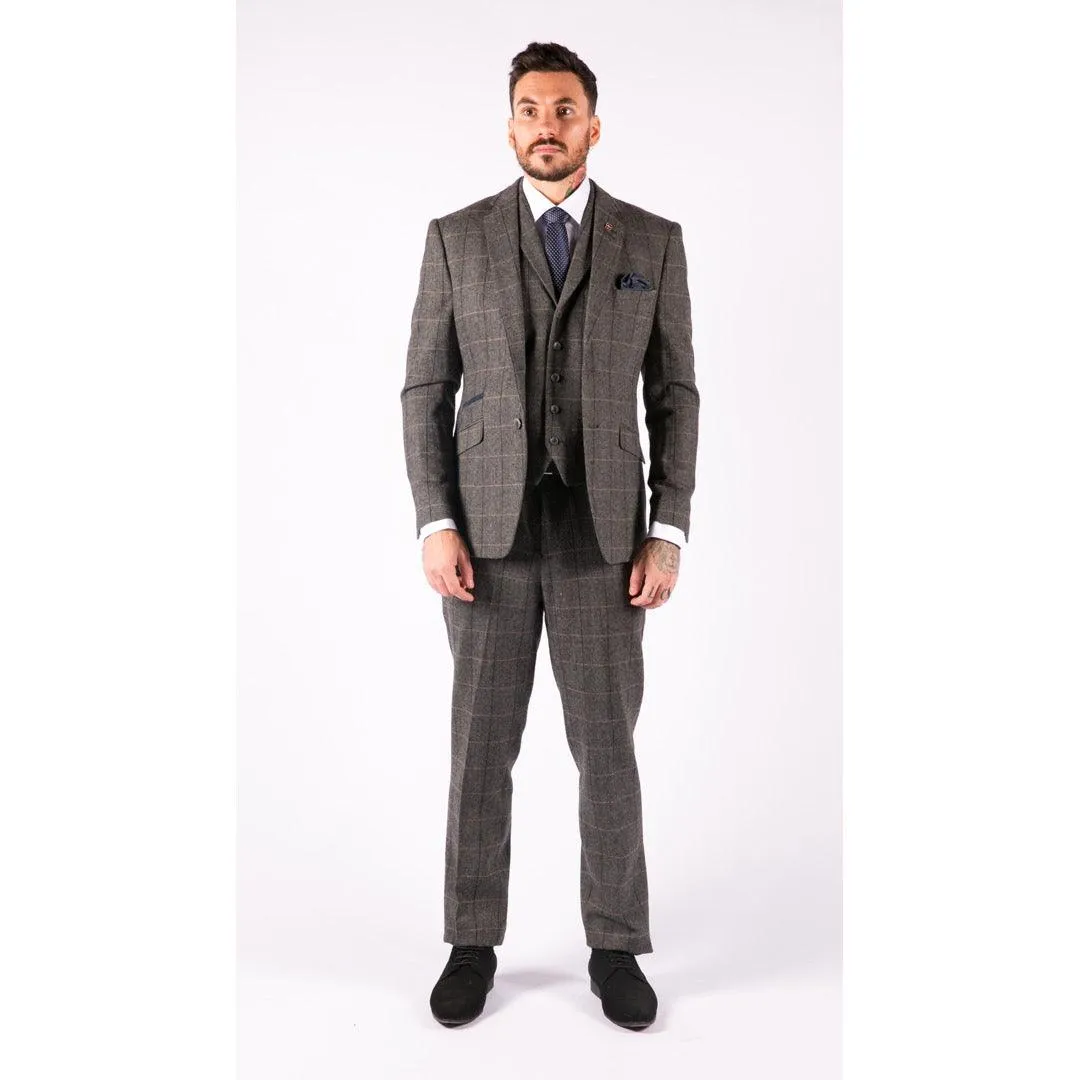 Mens 3 Piece Classic Tweed Herringbone Check Grey Navy Slim Fit Vintage Suit