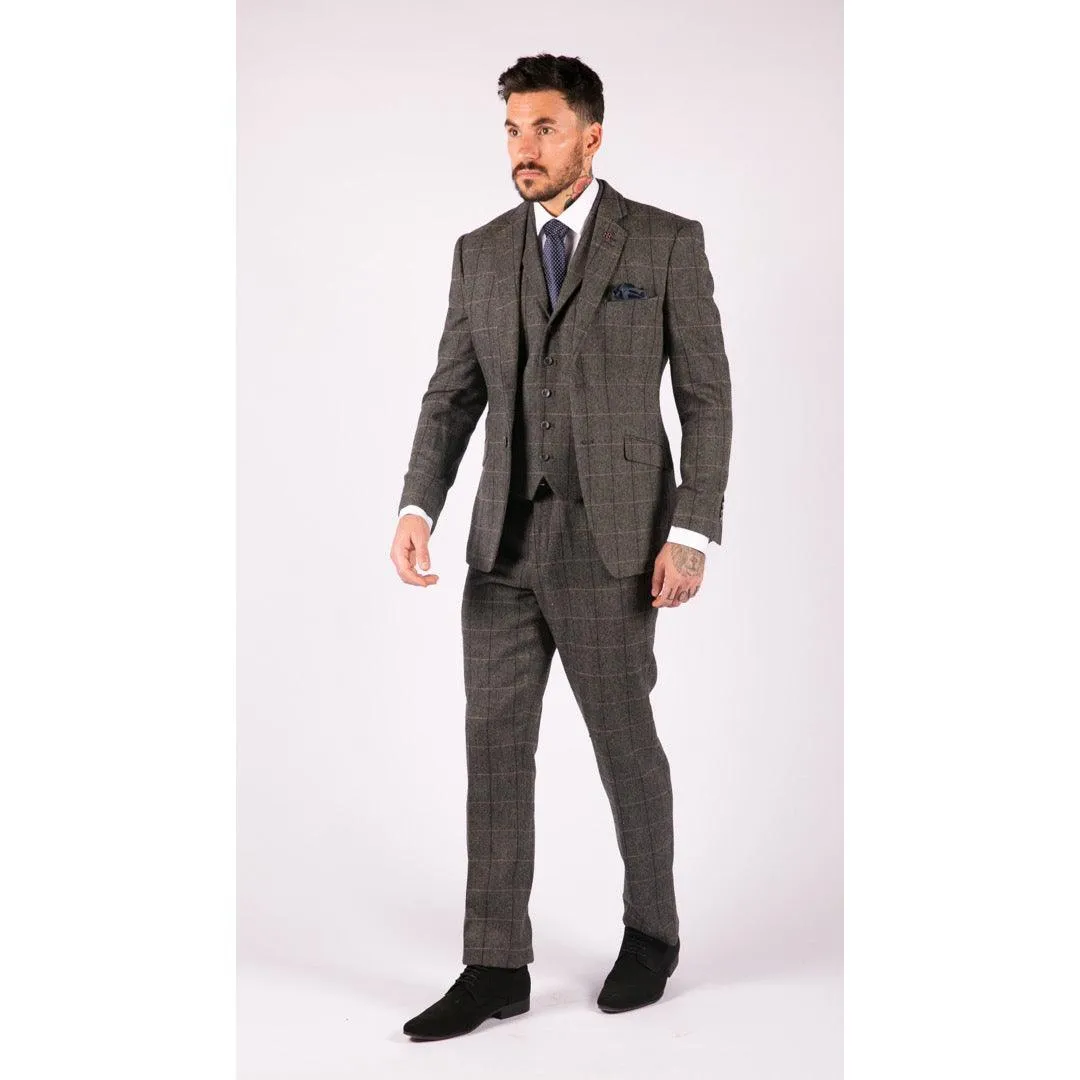 Mens 3 Piece Classic Tweed Herringbone Check Grey Navy Slim Fit Vintage Suit