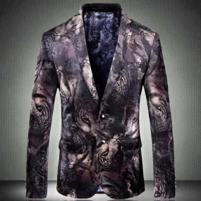 Men's Casual Slim Fit Velvet Blazer With Tigers Print