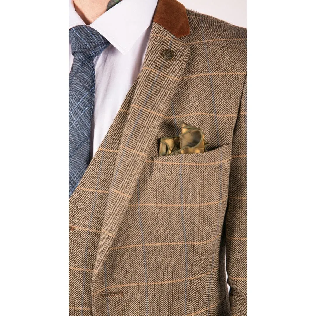 Mens Check Vintage Herringbone Tweed Tan Brown 3 Piece Suit Slim Fit Wedding