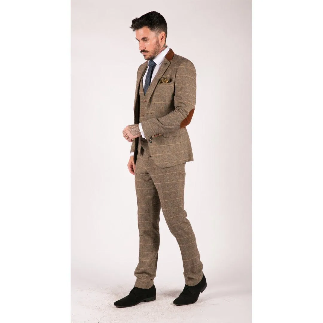 Mens Check Vintage Herringbone Tweed Tan Brown 3 Piece Suit Slim Fit Wedding