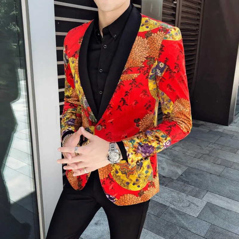 Men's Single Breasted Velvet Blazer With Print