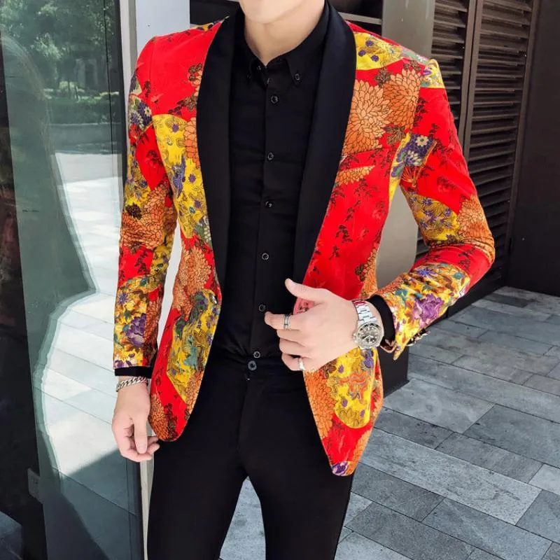 Men's Single Breasted Velvet Blazer With Print