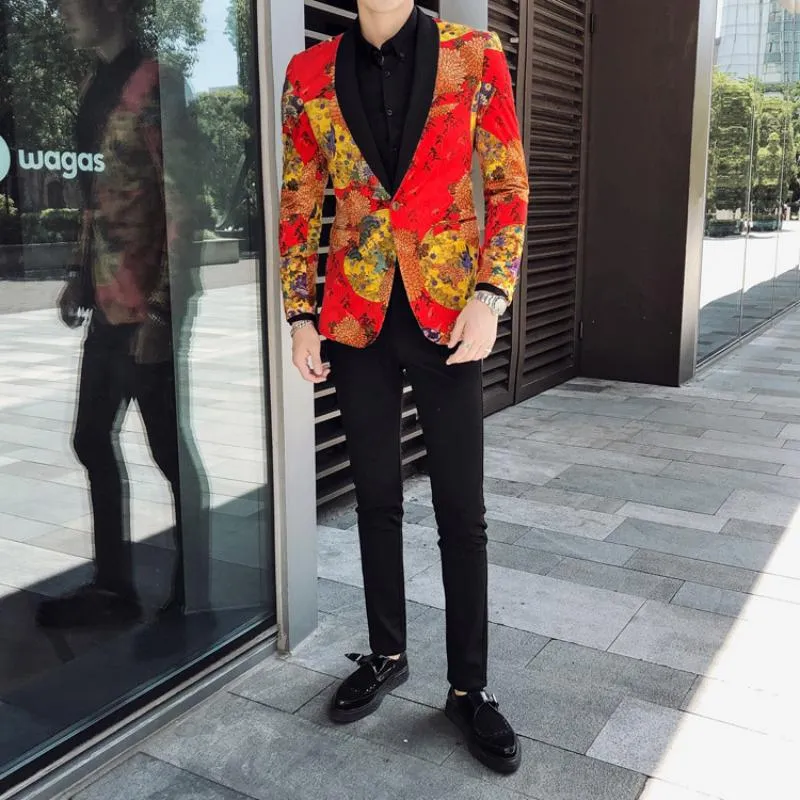 Men's Single Breasted Velvet Blazer With Print