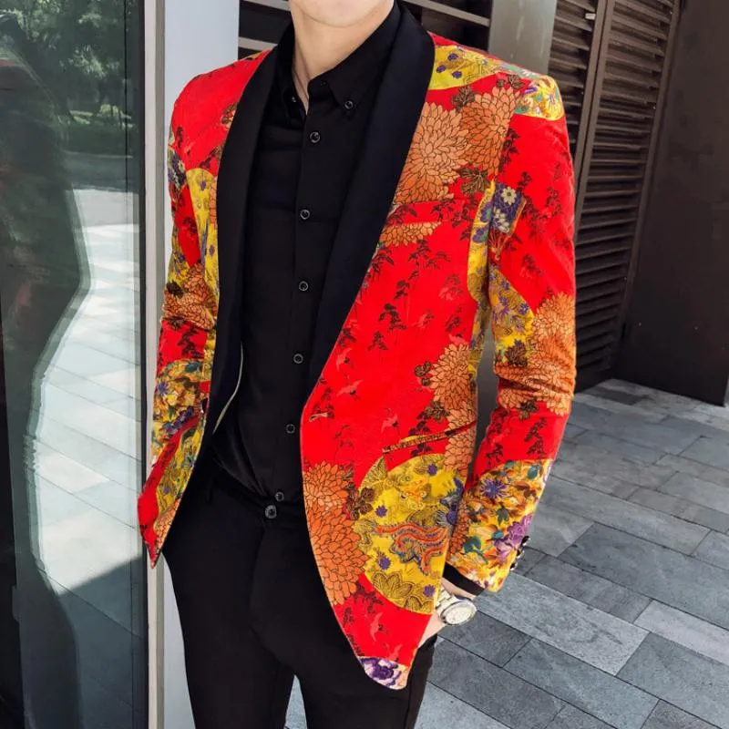 Men's Single Breasted Velvet Blazer With Print