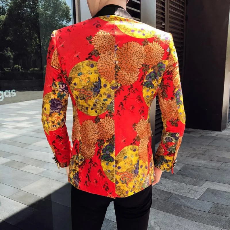 Men's Single Breasted Velvet Blazer With Print