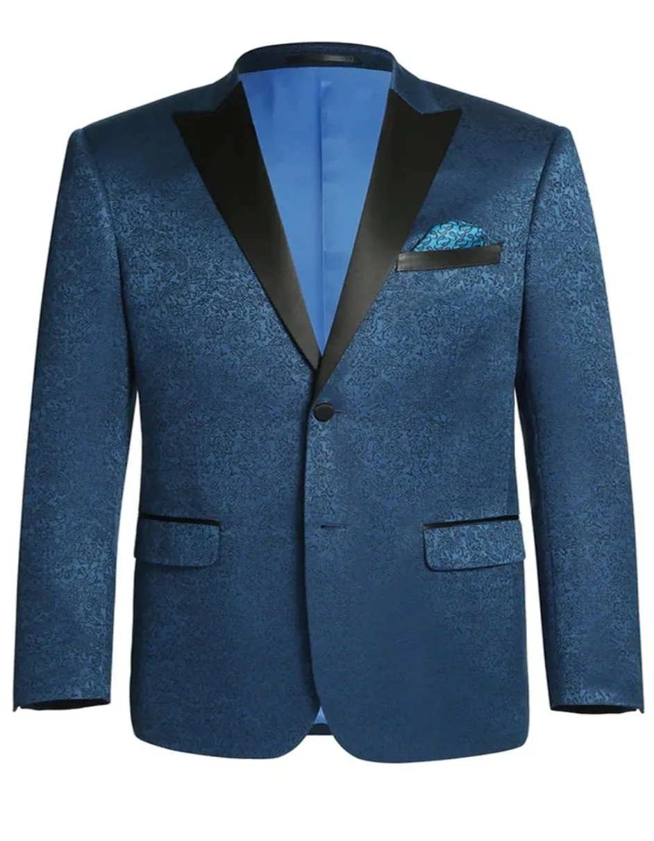 Mens Two Button Peak Lapel Paisley Prom Teal Blue Tuxedo Single Breasted Blazer - Ultra slim Fit