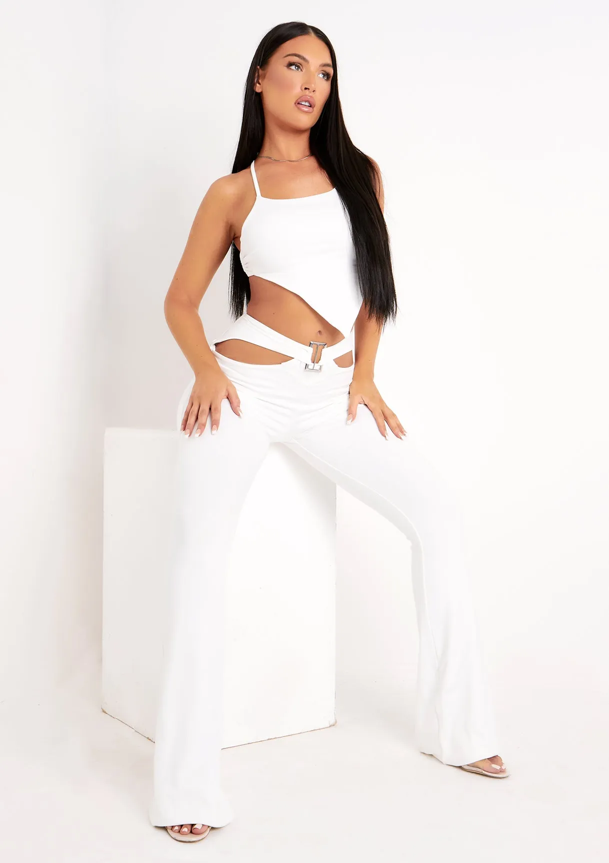 Mindy Ivory Buckle Front Cut Out Flared Trousers