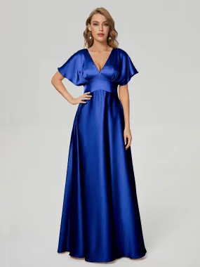 Navy Blue Bridesmaid Dresses Ariah Modest V Neck Short Sleeves Soft Satin Dresses