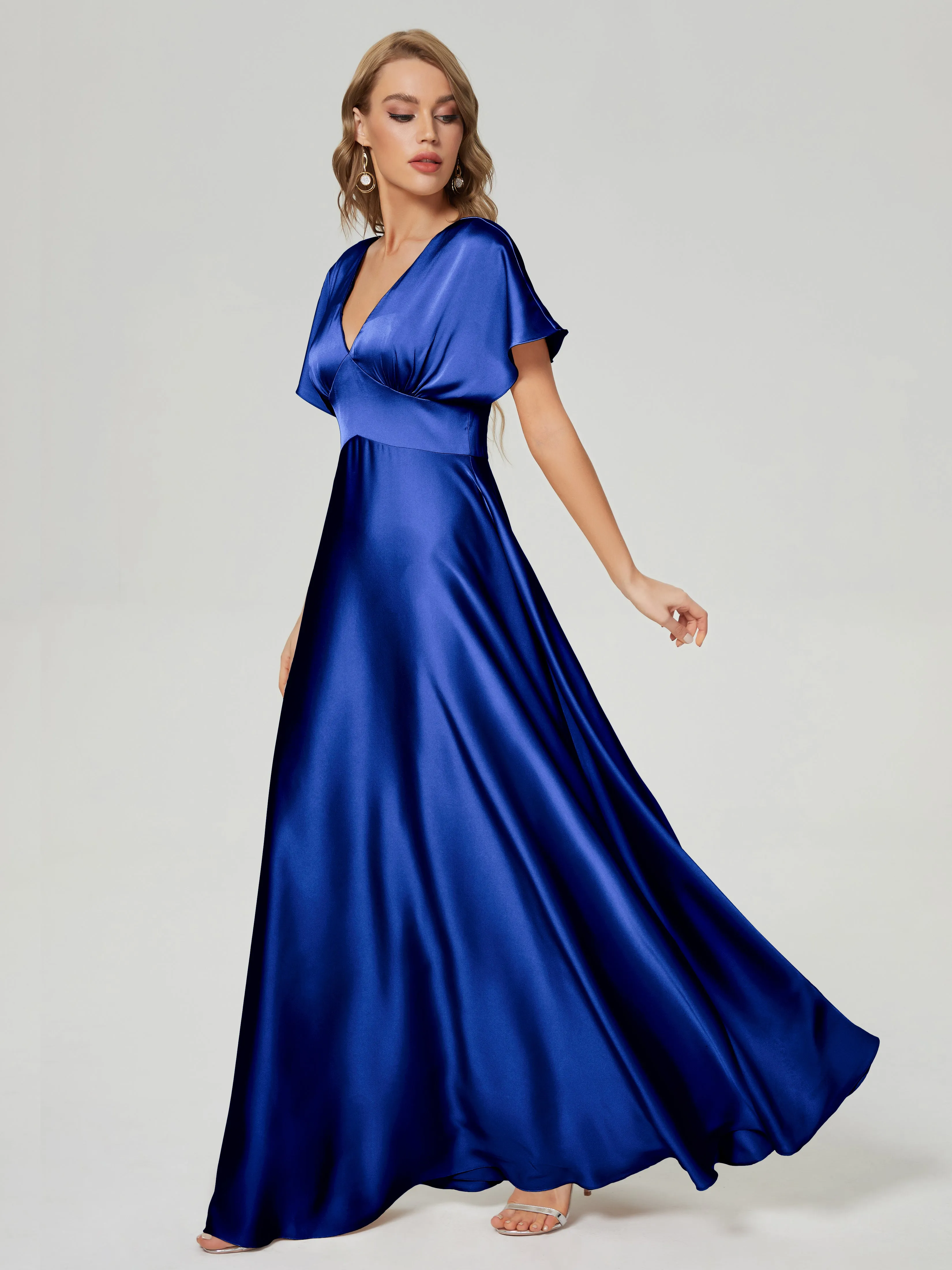 Navy Blue Bridesmaid Dresses Ariah Modest V Neck Short Sleeves Soft Satin Dresses