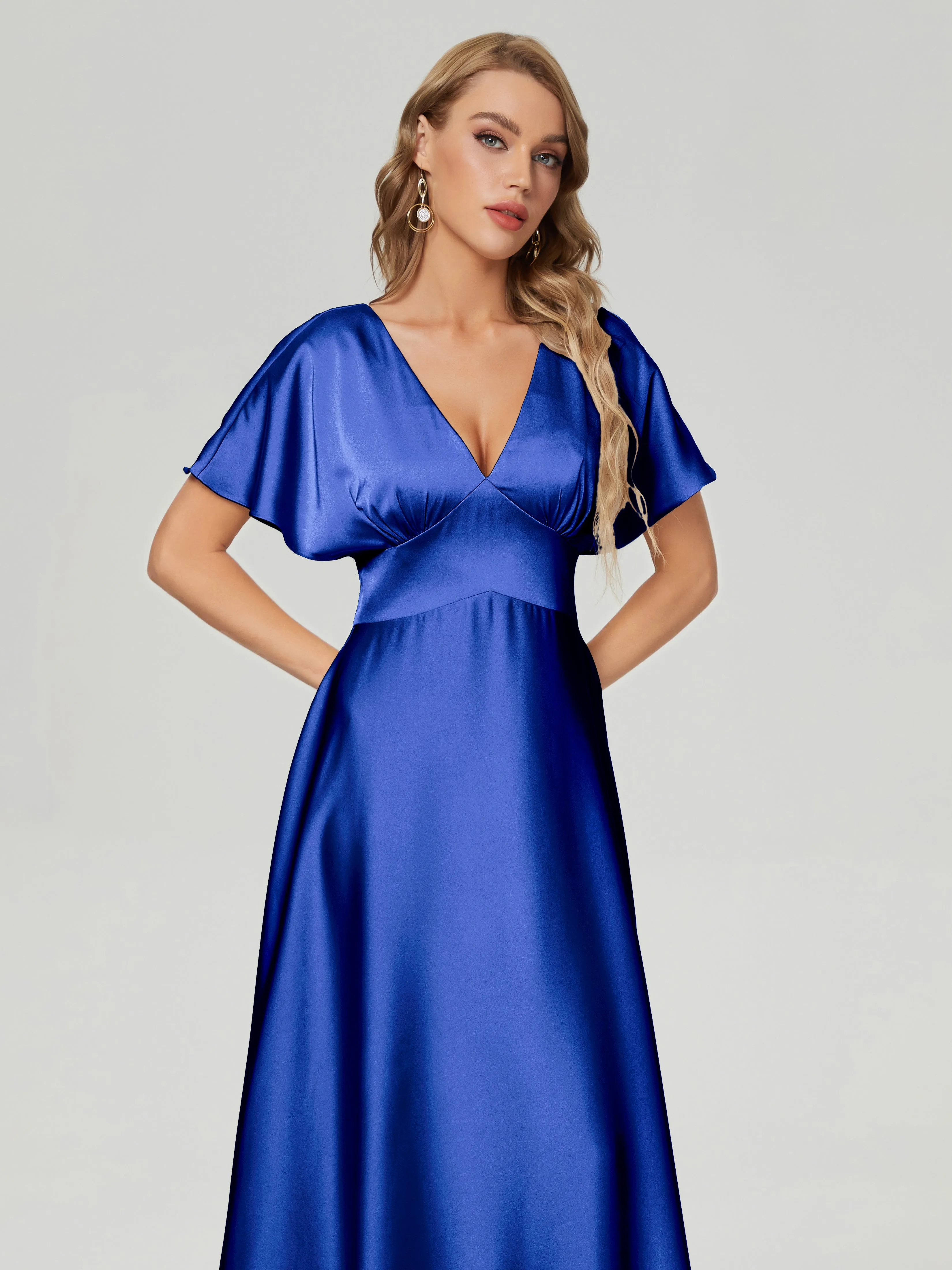 Navy Blue Bridesmaid Dresses Ariah Modest V Neck Short Sleeves Soft Satin Dresses