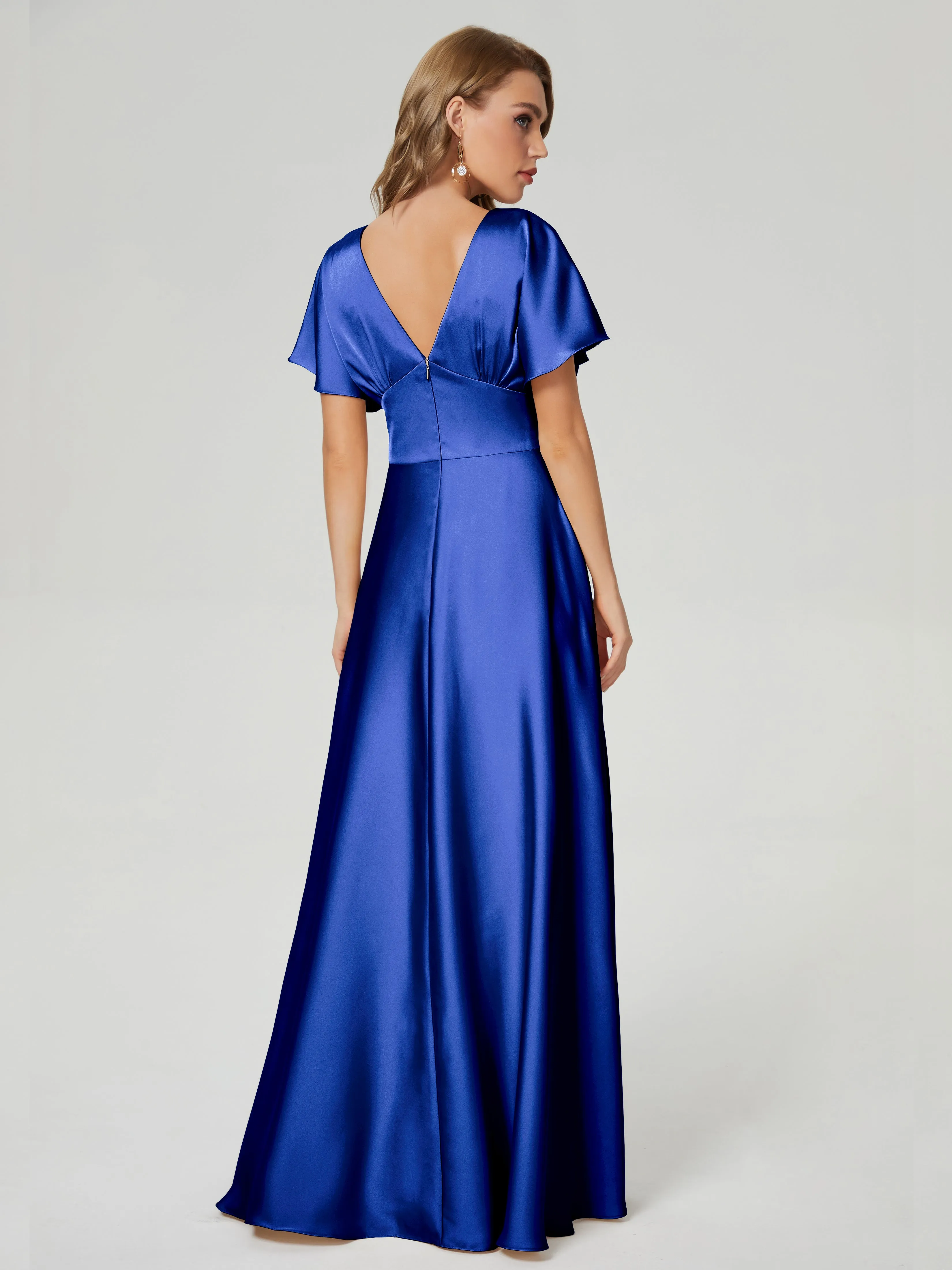 Navy Blue Bridesmaid Dresses Ariah Modest V Neck Short Sleeves Soft Satin Dresses