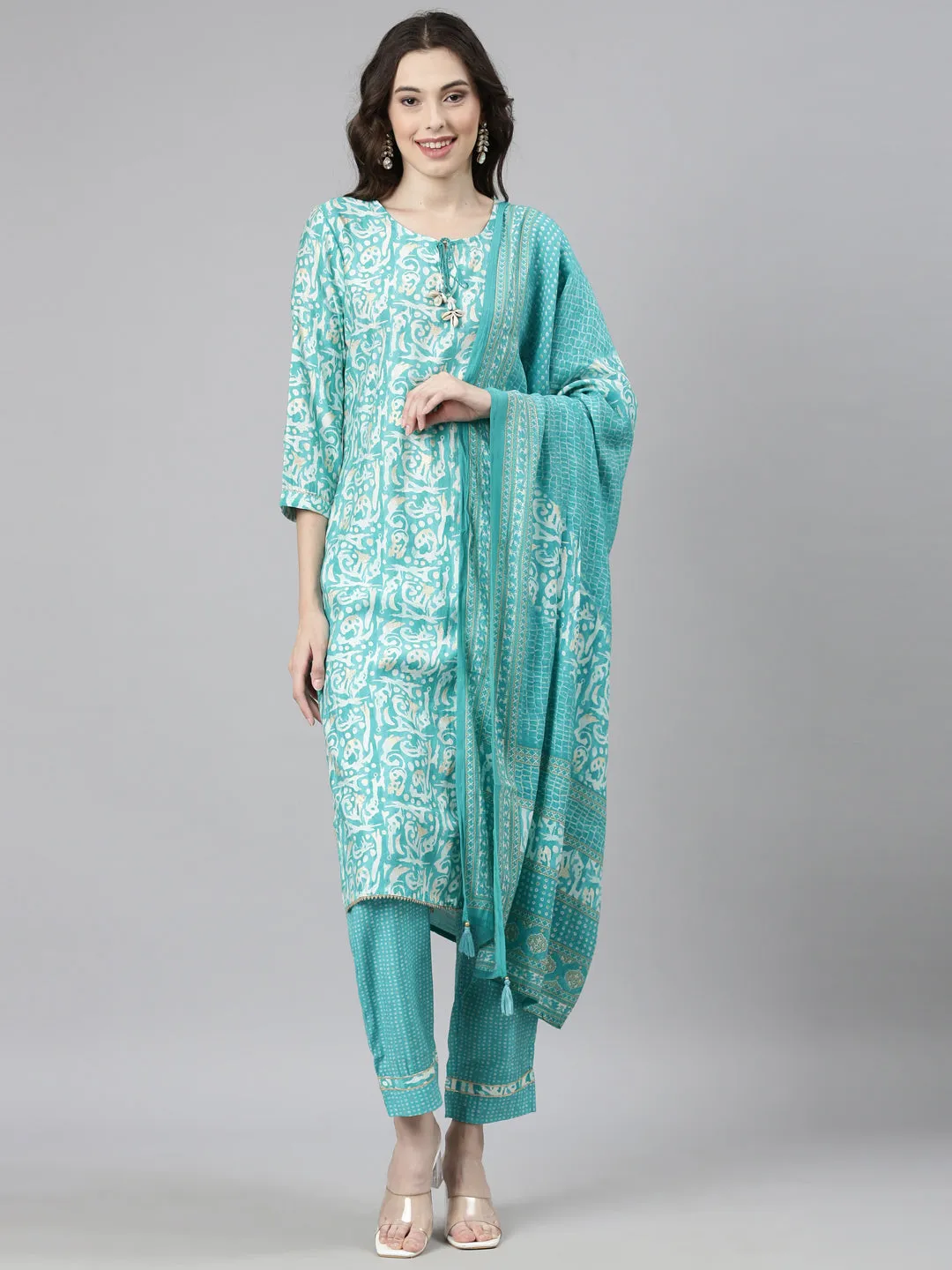 Neerus Sea Green Casual Textured Straight Kurta and Trousers With Dupatta