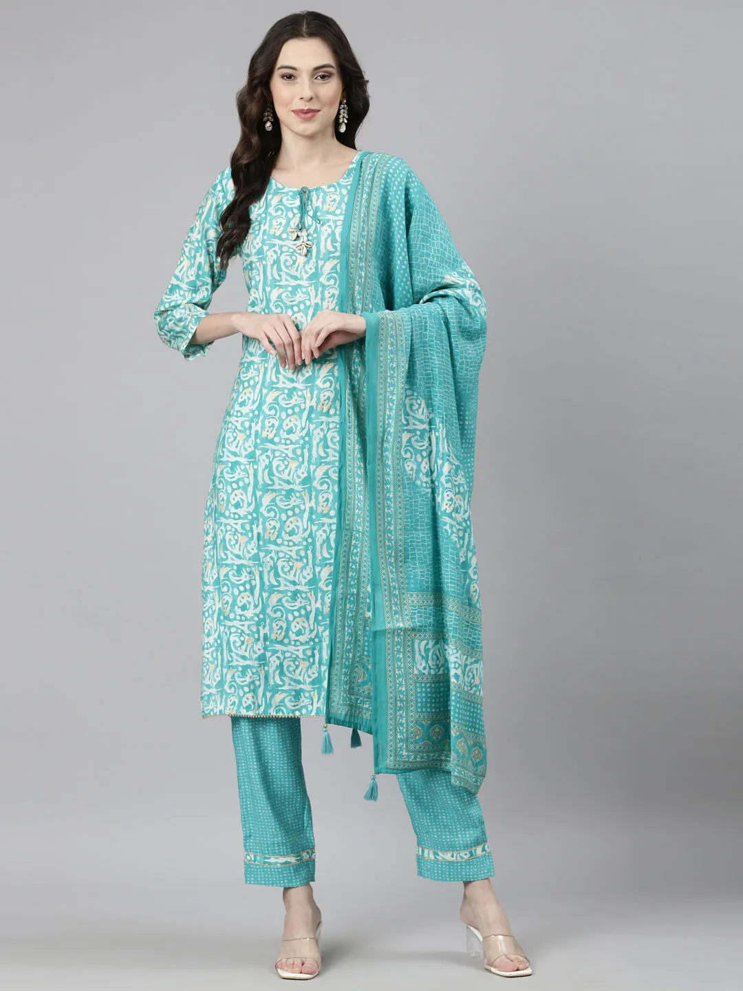 Neerus Sea Green Casual Textured Straight Kurta and Trousers With Dupatta