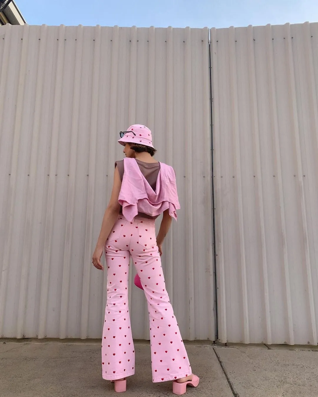 Pink Heart Print Flare Trousers