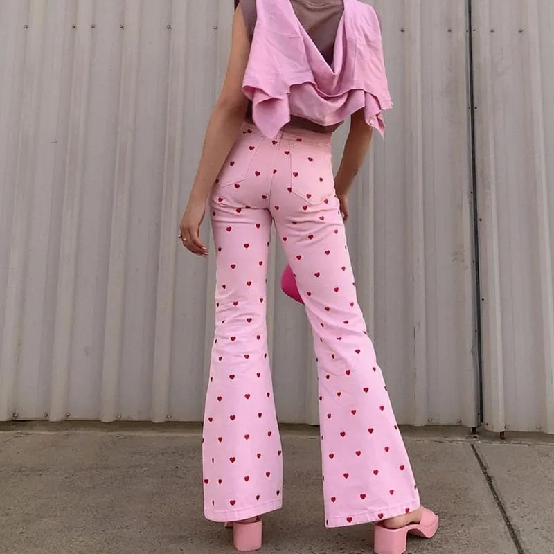 Pink Heart Print Flare Trousers