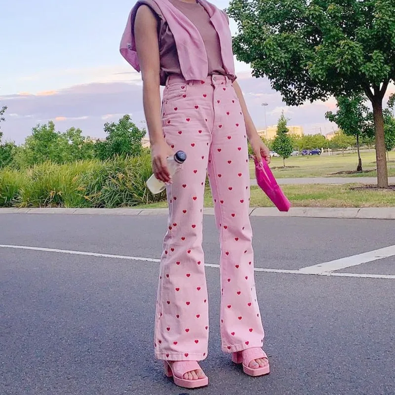 Pink Heart Print Flare Trousers