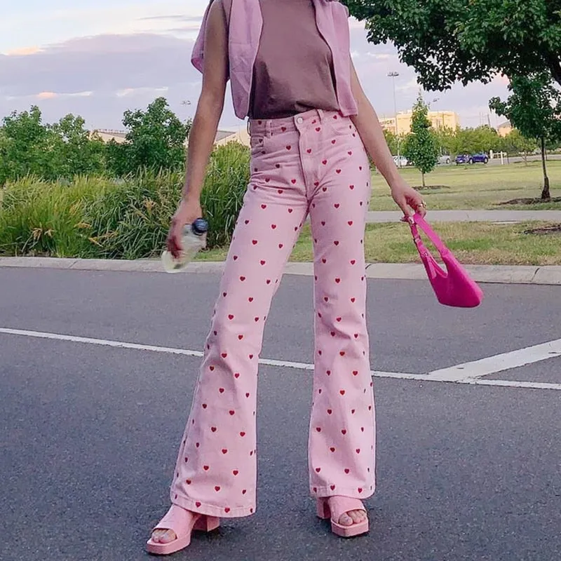 Pink Heart Print Flare Trousers