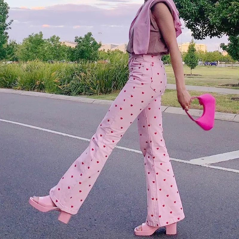 Pink Heart Print Flare Trousers