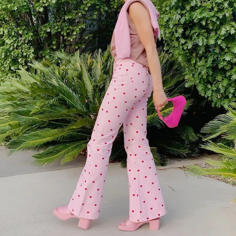 Pink Heart Print Flare Trousers