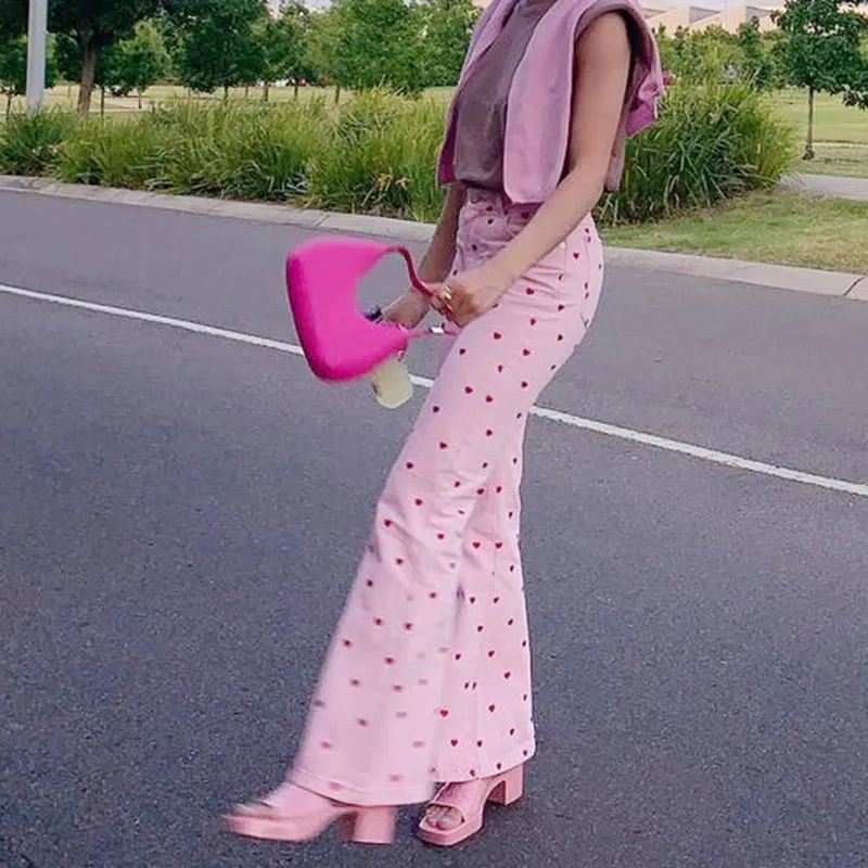 Pink Heart Print Flare Trousers