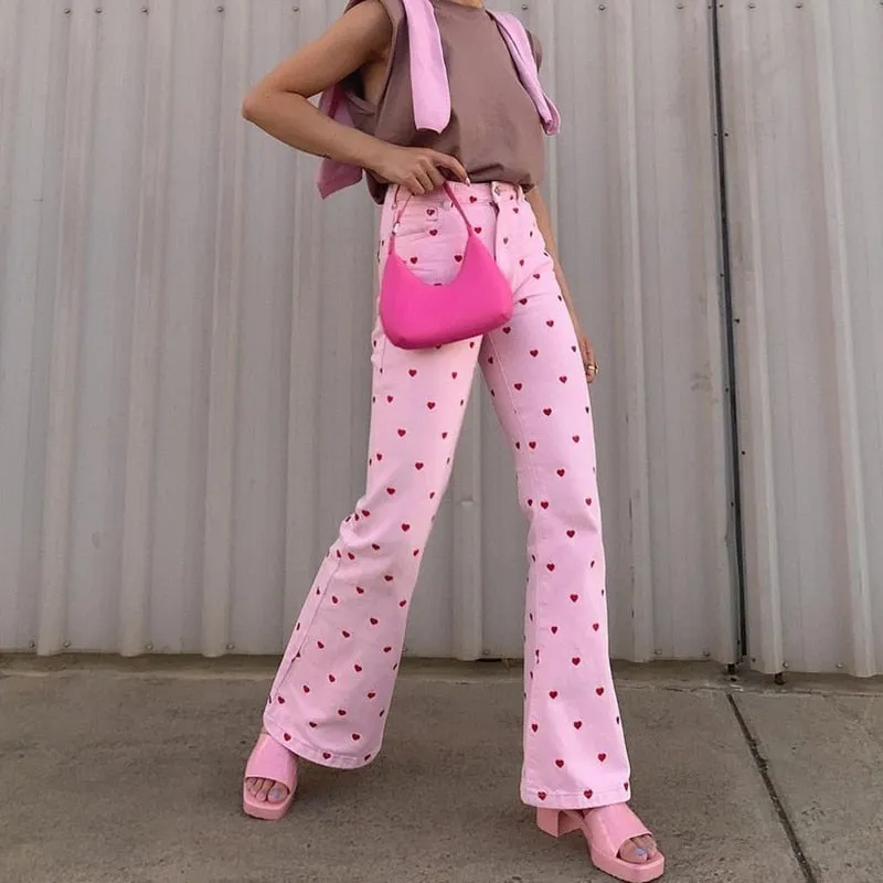 Pink Heart Print Flare Trousers