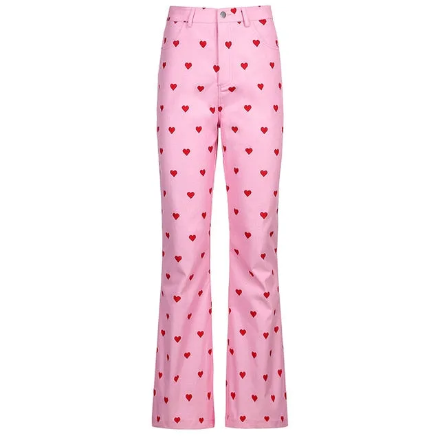 Pink Heart Print Flare Trousers