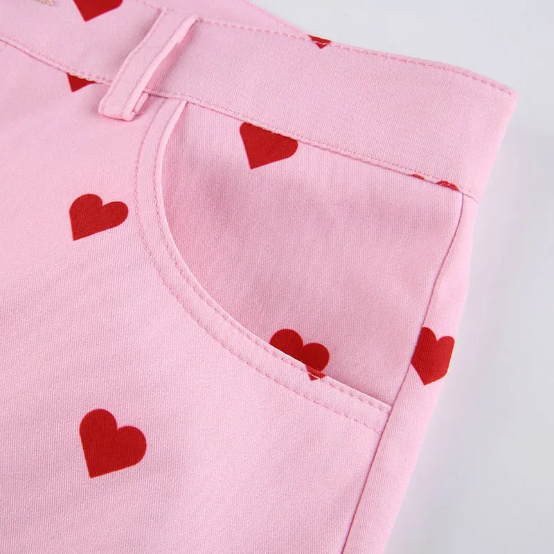 Pink Heart Print Flare Trousers