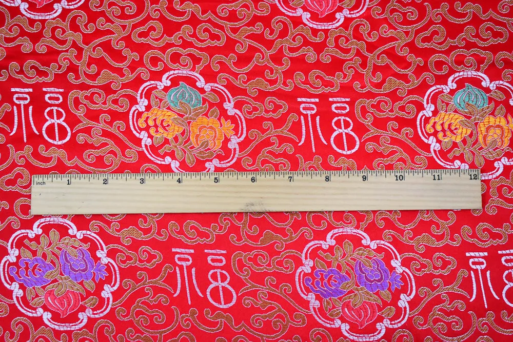 Red-Orange-Multi Polyester Fancy Floral Trellis Chinese Brocade Woven Fabric